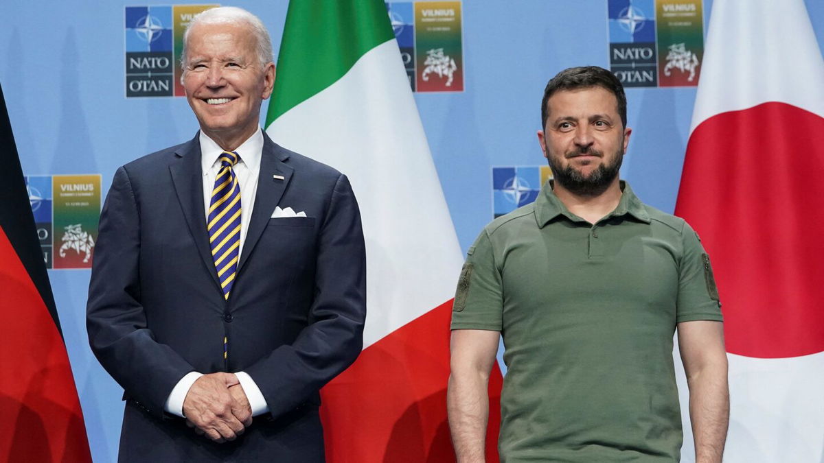 <i>Kevin Lamarque/Reuters</i><br/>U.S. President Joe Biden (left) and Ukraine's President Volodymyr Zelensky attend an event