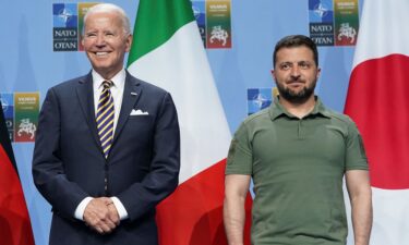 U.S. President Joe Biden (left) and Ukraine's President Volodymyr Zelensky attend an event