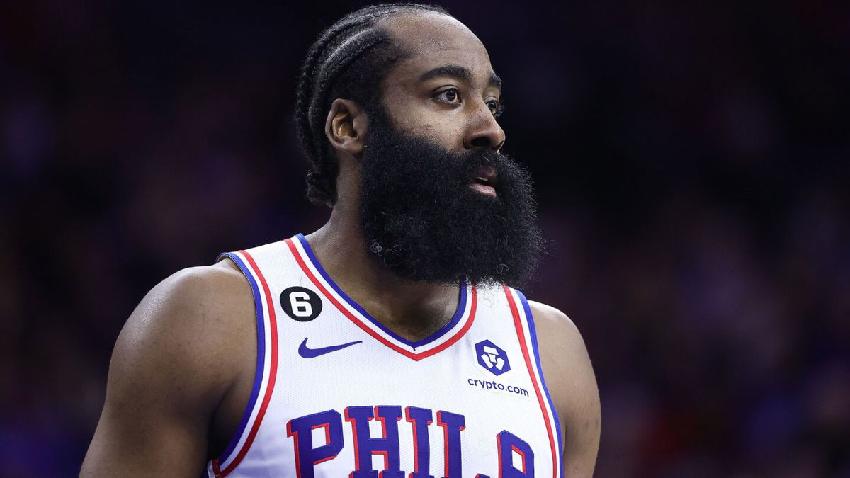 <i>Tim Nwachukwu/Getty Images/FILE</i><br/>James Harden of the Philadelphia 76ers looks on during a game at the Wells Fargo Center in Philadelphia in December 2022.