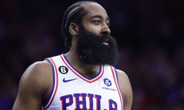 James Harden of the Philadelphia 76ers looks on during a game at the Wells Fargo Center in Philadelphia in December 2022.