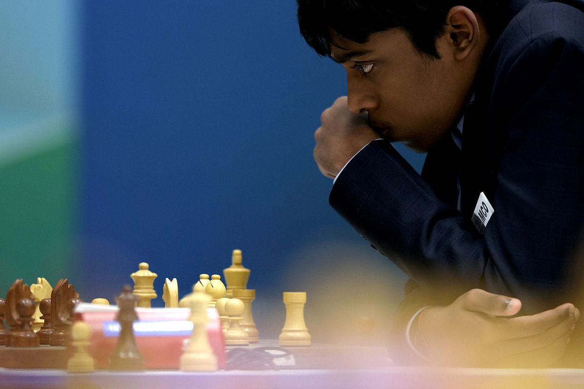 <i>Dean Mouhtaropoulos/Getty Images</i><br/>Rameshbabu Praggnanandhaa of India competes at the Masters Tata Steel Chess Tournament 2023 on January 27.