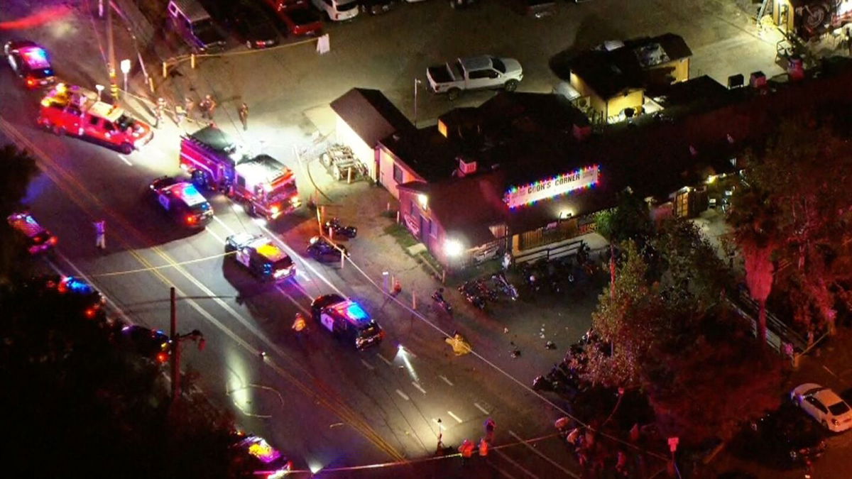 <i>KCBS/KCAL</i><br/>Police respond Wednesday to the shooting at a bar in Trabuco Canyon