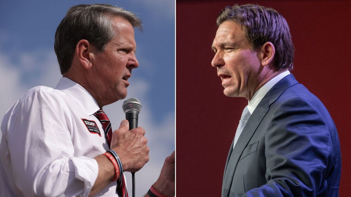 <i>Getty Images</i><br/>Georgia Gov. Brian Kemp (left) and Florida Gov. Ron DeSantis are seen here in a split image.