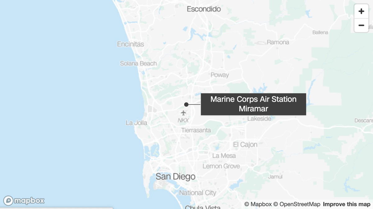 <i>Mapbox</i><br/>The pilot of a US Marine Corps F/A-18 Hornet fighter jet that crashed Thursday night near San Diego has been confirmed dead