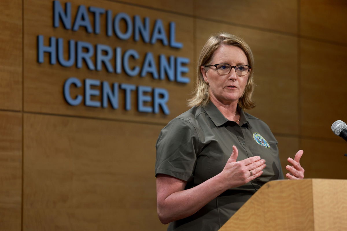 <i>Joe Raedle/Getty Images</i><br/>FEMA Administrator Deanne Criswell addresses the media from the National Hurricane Center on May 31 in Miami.