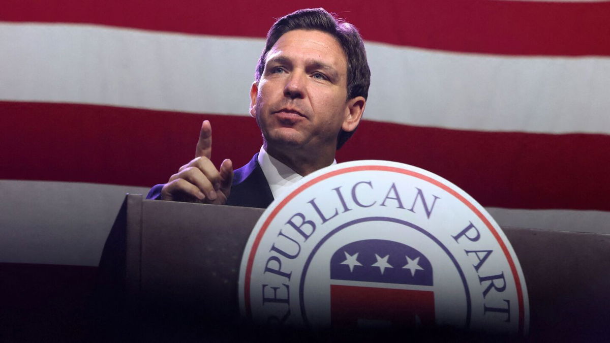 <i>Scott Morgan/Reuters</i><br/>Republican presidential candidate and Florida Gov. Ron DeSantis speaks at the Republican Party of Iowa's Lincoln Day Dinner in Des Moines