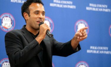 Republican presidential hopeful Vivek Ramaswamy speaks at the Polk County Summer Sizzle fundraising event in Clive