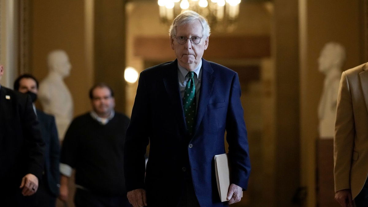 <i>Drew Angerer/Getty Images</i><br/>Senate Minority Leader Mitch McConnell leaves his office and walks to the Senate floor at the US Capitol on March 6 in Washington.