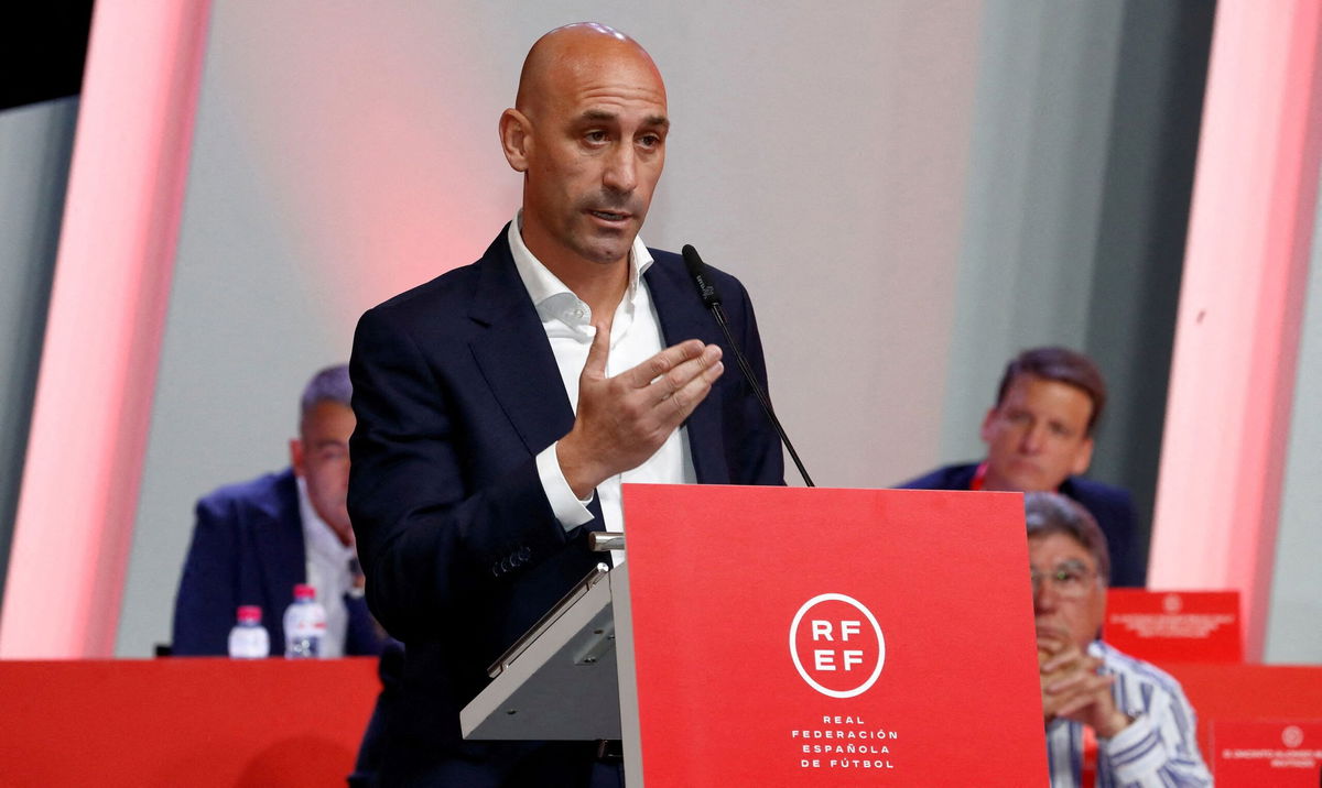 <i>RFEF/Reuters</i><br/>Luis Rubiales speaks at a federation meeting on August 25.