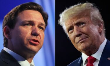 Florida Gov. Ron DeSantis and former President Donald Trump are pictured here. The 2024 Republican presidential race is playing out in close quarters on August 12 at the Iowa State Fairgrounds.