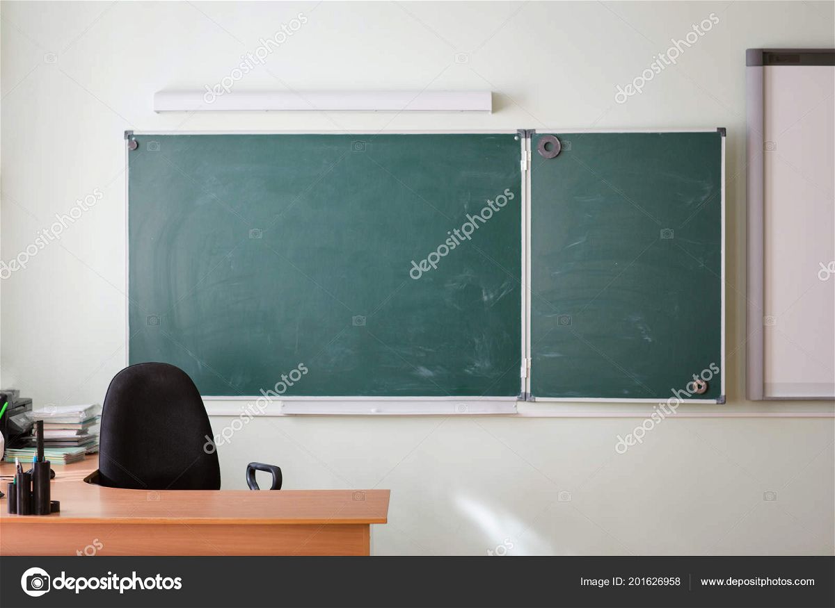 School classroom background without young student. view of class room no kids. blackboards and empty place of teacher