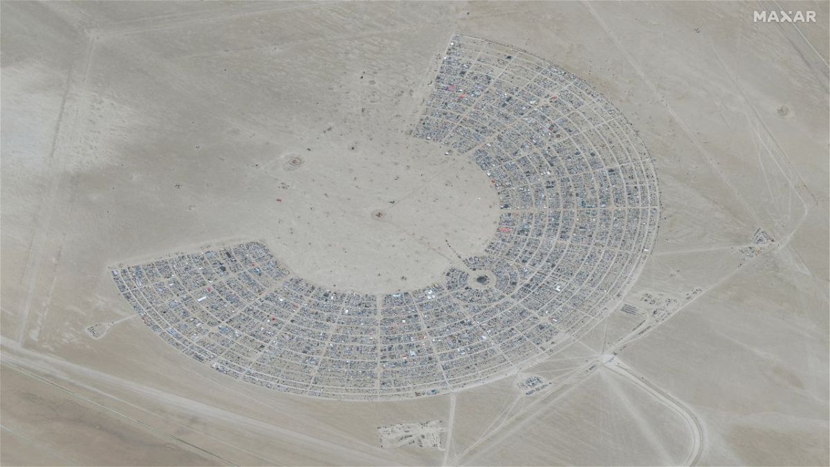 This satellite view shows an overview of the 2023 Burning Man festival, in Black Rock Desert, Nevada, on August 28, 2023.
