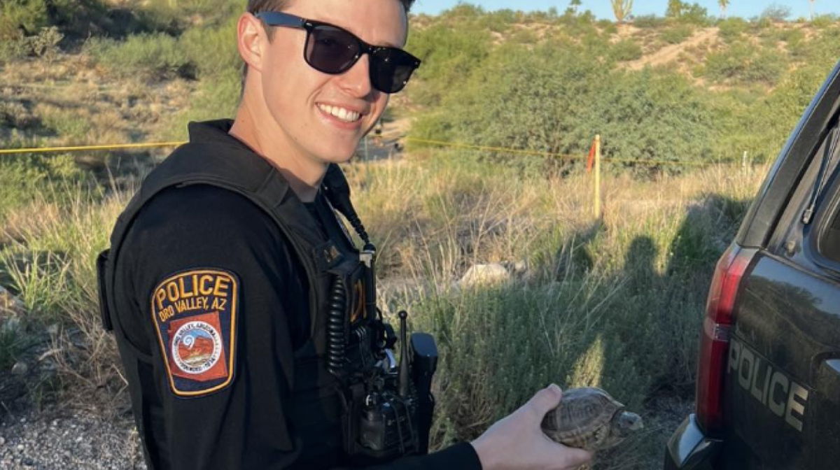 <i>Oro Valley Police Department</i><br/>Talk about a 'shell' of a rescue. Oro Valley Police Department Officer Haskins helped save a baby tortoise on Monday