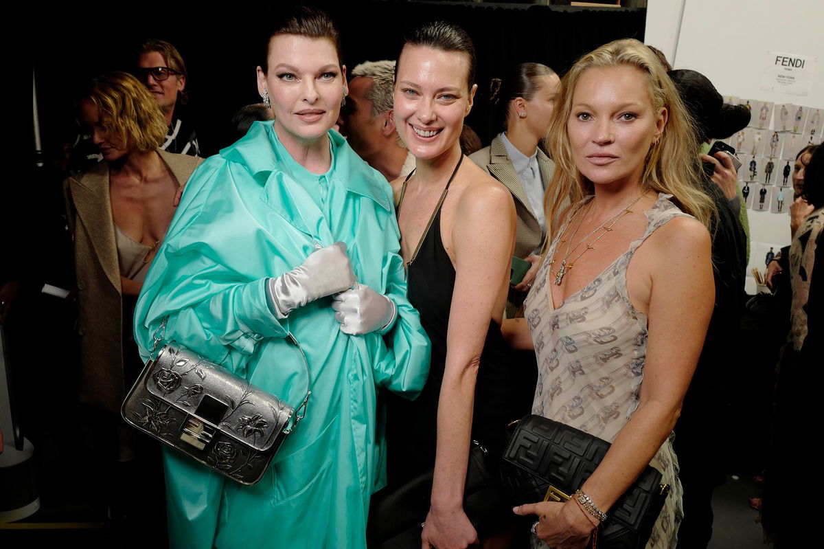 <i>Swan Gallet/WWD/Getty Images</i><br/>Linda Evangelista with Shalom Harlow and Kate Moss at a Fendi show in New York last September