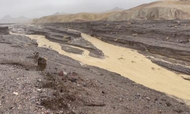 A view of flooding caused by heavy rain is seen in Gower Gulch near Zabriskie Point in Death Valley National Park on August 20.  Death Valley is the driest national park in the United States