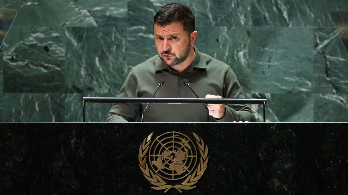 <i>Mike Segar/Reuters</i><br/>Ukraine's President Volodymyr Zelensky addresses the 78th Session of the U.N. General Assembly in New York City