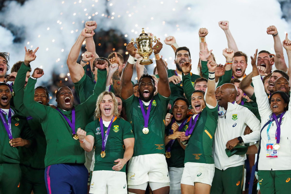 <i>Odd Andersen/AFP/Getty Images</i><br/>The Springboks celebrate winning the 2019 Rugby World Cup after defeating England.