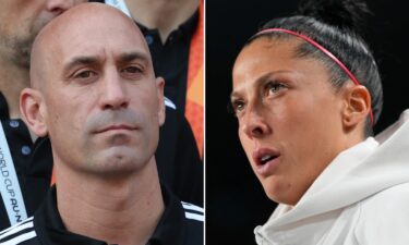 Royal Spanish Football Federation (RFEF) president Luis Rubiales and Spain star Jennifer Hermoso are pictured in a split image. Hermoso has filed an official complaint with prosecutors against Rubiales over an unwanted kiss at the Women’s World Cup final.