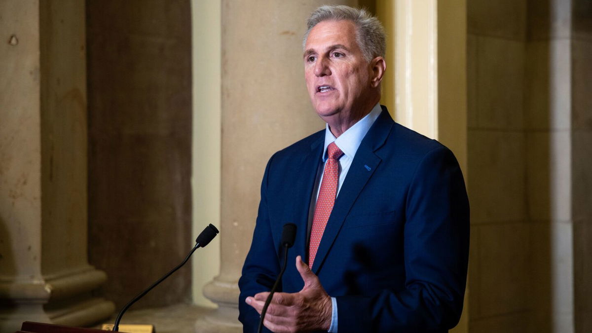 <i>Francis Chung/Politico/AP</i><br/>House Speaker Kevin McCarthy speaks during a media availability to announce an impeachment inquiry into President Biden at the Capitol on September 12.