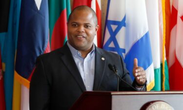 Dallas Mayor Eric Johnson responds to a question during a news conference at City Hall in Dallas in this April 2020 file photo.