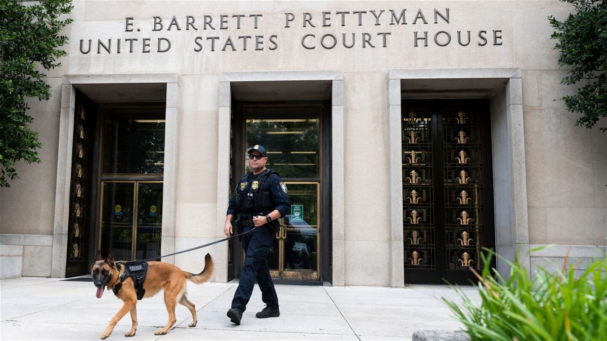 <i>Roberto Schmidt/Getty Images</i><br/>A Homeland Security canine unit sweeps one of the entrances to the E. Barrett Prettyman United States Courthouse in Washington