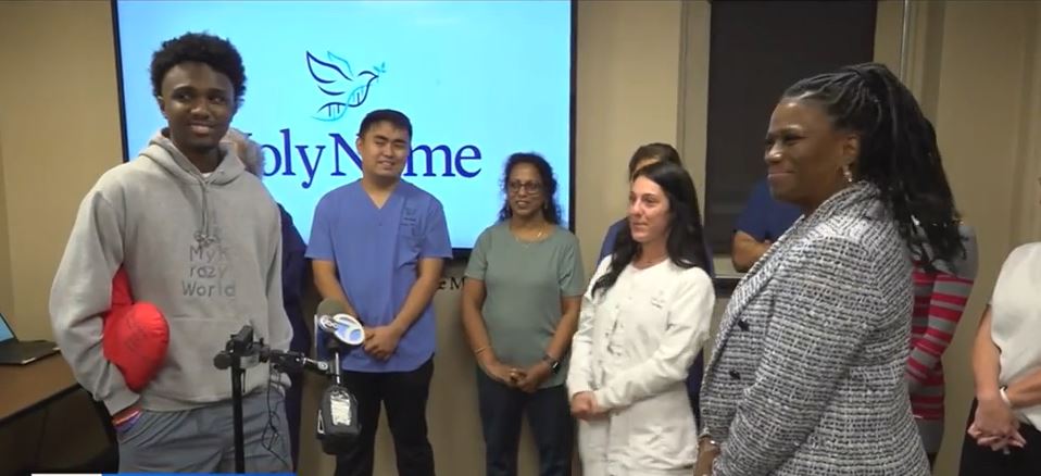 <i></i><br/>Kyle Hewlett reunited with the Holy Name Medical Center critical care team that saved his life with a marathon CPR session.