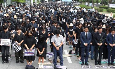 South Korean teachers rally in front of the National Assembly in Seoul on September 4.