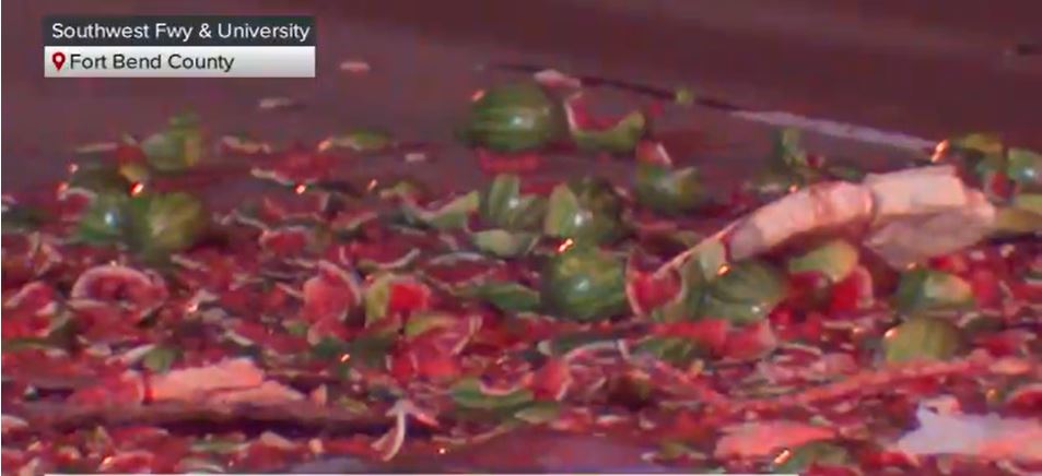 <i></i><br/>Hundreds of crushed watermelons spilled onto the roadway after a truck crashed on the I-69 Southwest Freeway