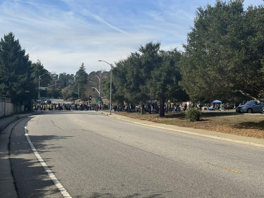 UC Santa Cruz students protesting on Bay Street and blocking traffic