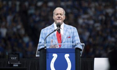 Indianapolis Colts owner Jim Irsay talks during the Hall of Fame ring ceremony in 2021.