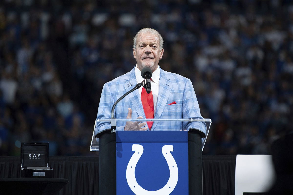 <i>Zach Bolinger/AP</i><br/>Indianapolis Colts owner Jim Irsay talks during the Hall of Fame ring ceremony in 2021.