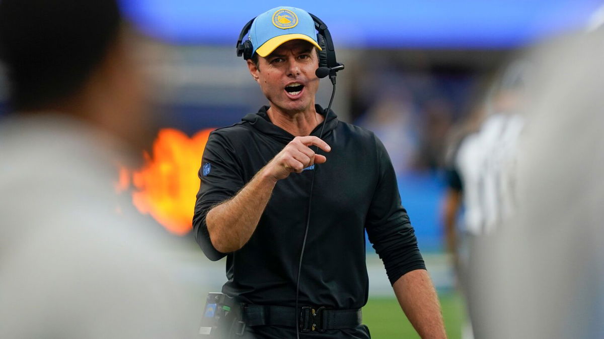 <i>Ryan Sun/AP</i><br/>Brandon Staley gestures during the first half of the Los Angeles Chargers' game against the Denver Broncos.