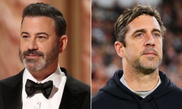 Aaron Rodgers (left) made comments on “The Pat McAfee Show” about TV host Jimmy Kimmel and the late accused sex trafficker Jeffrey Epstein.