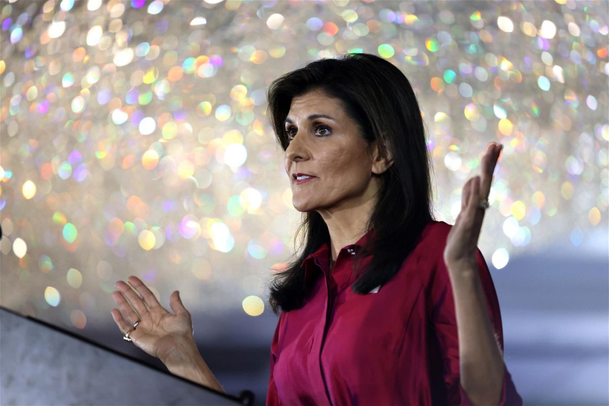 <i>Rachel Mummey/Bloomberg/Getty Images</i><br/>Nikki Haley speaks during a caucus night watch party in West Des Moines