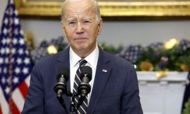 U.S. President Joe Biden delivers a statement urging Congress to pass his national security supplemental from the Roosevelt Room at the White House on December 06