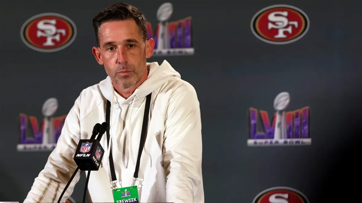 San Francisco 49ers head coach Kyle Shanahan listens to a reporter’s question during a news conference for Super Bowl LVIII in Las Vegas, Tuesday, Feb. 6, 2024.