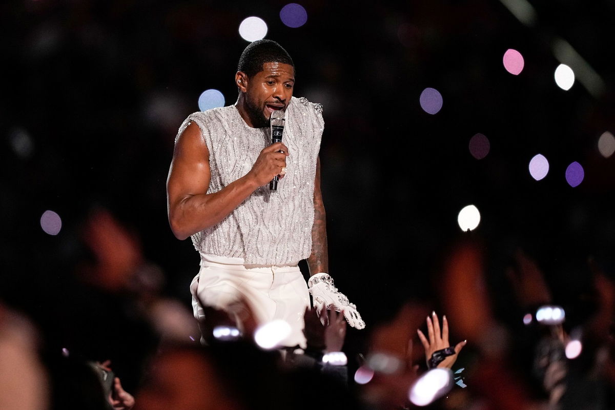 <i>Brynn Anderson/AP</i><br/>Usher performs during halftime of the NFL Super Bowl at Allegiant Stadium in Las Vegas on Sunday.