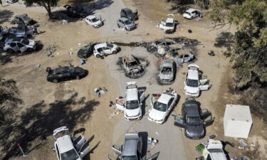 An aerial picture shows abandoned and torched vehicles  after the October 7 attack.