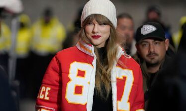 Taylor Swift is pictured at the Chiefs-Dolphins playoff game in Kansas City in January.