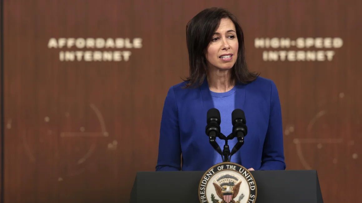 Federal Communications Commission Chairwoman Jessica Rosenworcel delivers remarks on the Biden administration’s Affordable Connectivity Program at the South Court Auditorium at Eisenhower Executive Office Building on February 14, 2022 in Washington, DC