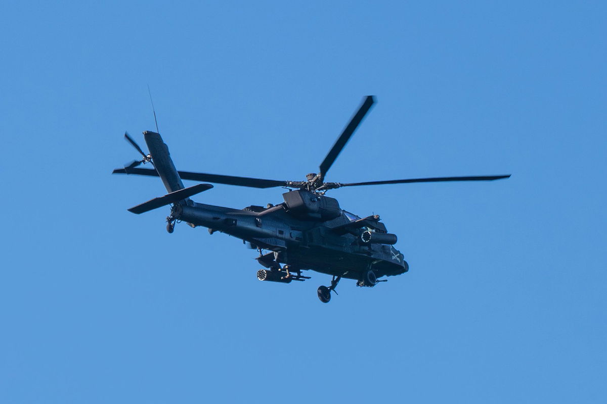 <i>AaronP/Bauer-Griffin/GC Images/Getty Images/FILE via CNN Newsource</i><br/>General view of an Apache helicopter flying over the Los Angeles South Bay area on February 11 in Los Angeles