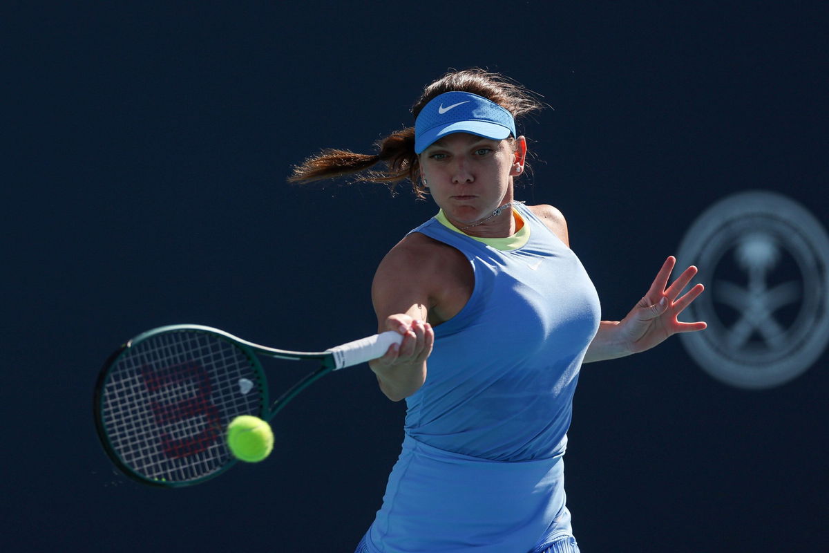 <i>Brennan Asplen/Getty Images via CNN Newsource</i><br/>Simona Halep plays a forehand against Paula Badosa at the Miami Open. The Romanian was making her first competitive appearance since her doping ban was reduced.