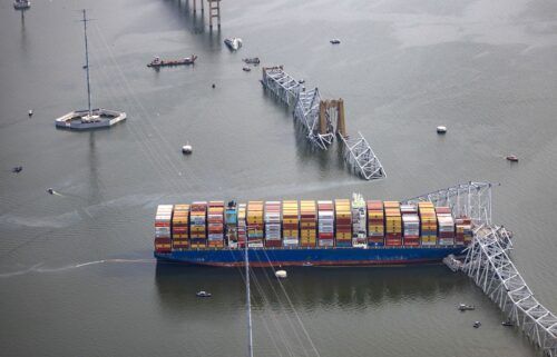 Workers continue to investigate and search for victims after the cargo ship Dali collided with the Francis Scott Key Bridge causing it to collapse yesterday