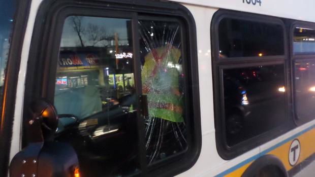 <i>Transit Police/KYW via CNN Newsource</i><br/>An MBTA bus was damaged by another driver during a road rage incident.