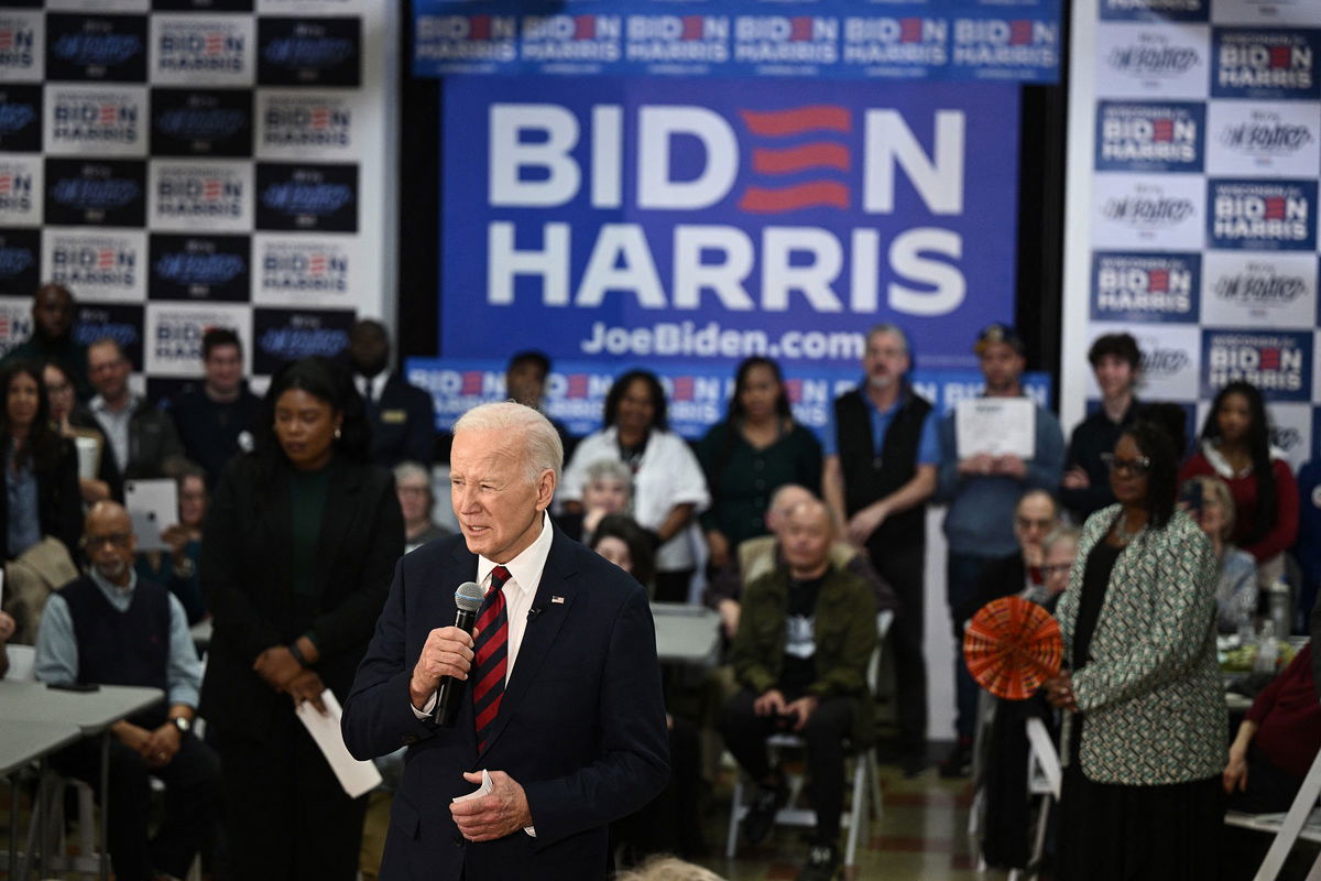 <i>Brendan Smialowski/AFP/Getty Images via CNN Newsource</i><br/>President Joe Biden President Biden speaks to supporters in Milwaukee on March 13.