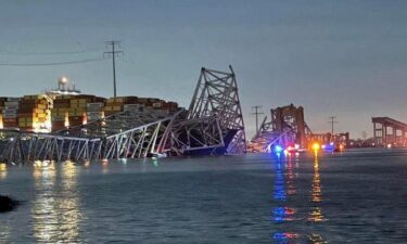 A view of the Singapore-flagged container ship 'Dali' after it collided with a pillar of the Francis Scott Key Bridge in Baltimore.