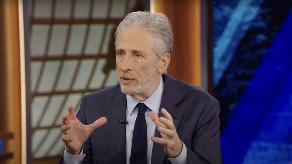 <i>The Daily Show via YouTube via CNN Newsource</i><br/>Jon Stewart is pictured in a screengrab taken from a segment of The Daily Show during his interview with Federal Trade Commission Chair Lina Khan on Monday