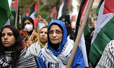 Protesters holding banners and Palestinian flags gather in front of New York City Hall to stage a demonstration in support of Palestinians in October 2023.