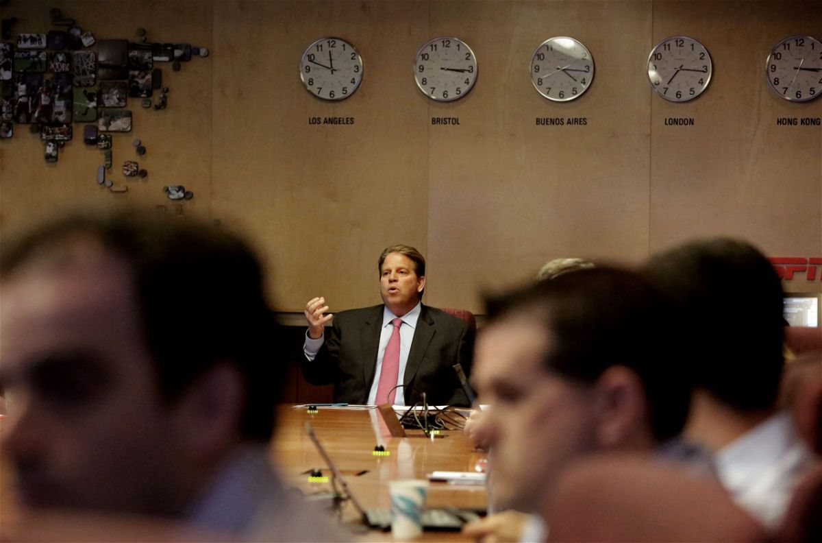 <i>Yana Paskova for The Washington Post/Getty Images/File via CNN Newsource</i><br/>Vice President of ESPN Norby Williamson holds a staff meeting in the executive conference room of ESPN Headquarters on November 15