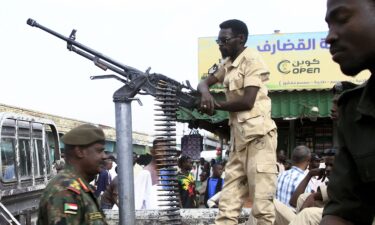 Sudanese security forces patrol in a commercial district in Gedaref city in eastern Sudan on April 3.